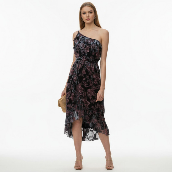 Adelyn Rae Angie Dress One Shoulder Velvet Floral Ruffle Small New With Tags - Picture 1 of 13